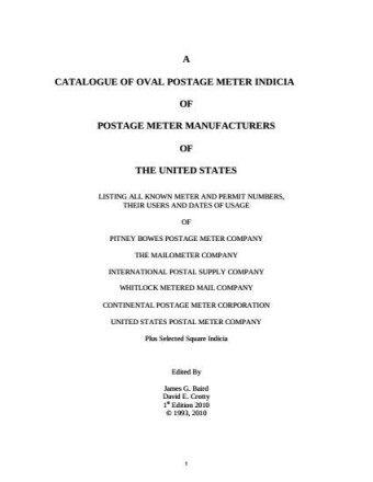 CATALOGUE OF POSTAGE METER INDICIA OF UNITED STATES MANUFACTURERS